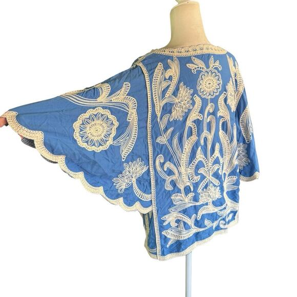 Kindred Floral Embroidered Top Blue L Bohemian Hippie Whimsy Indie Granolagirl - Picture 6 of 11